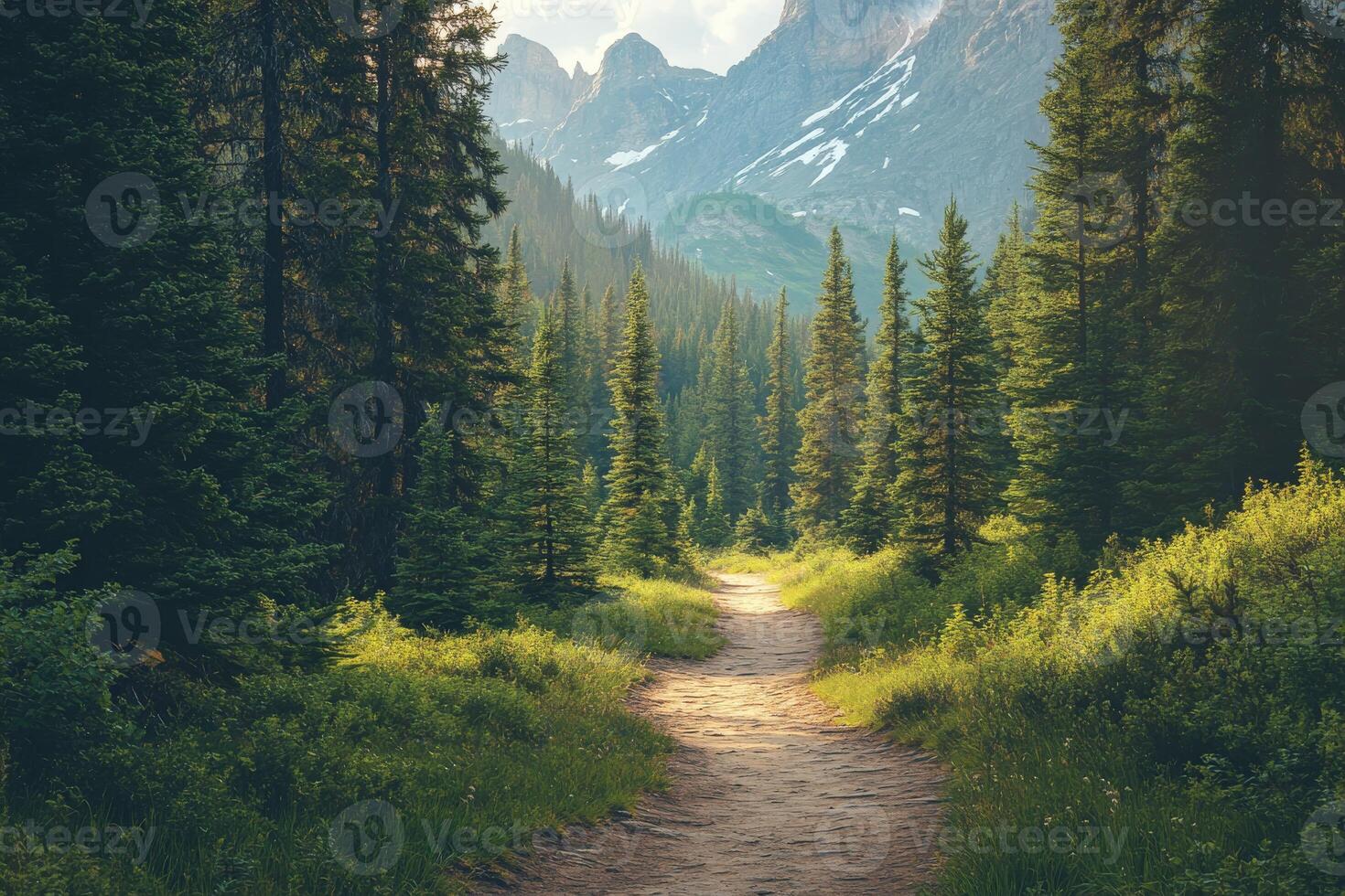 A path leads through a forest to a mountain range photo