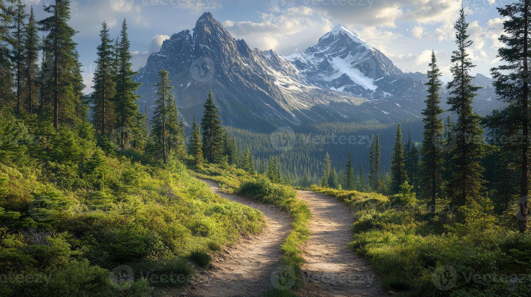A dirt road leads to a mountain range photo