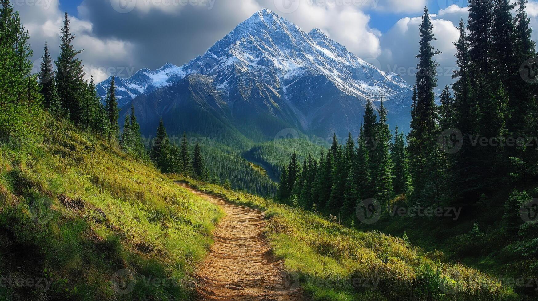 A path leads to a mountain range with trees and grass photo