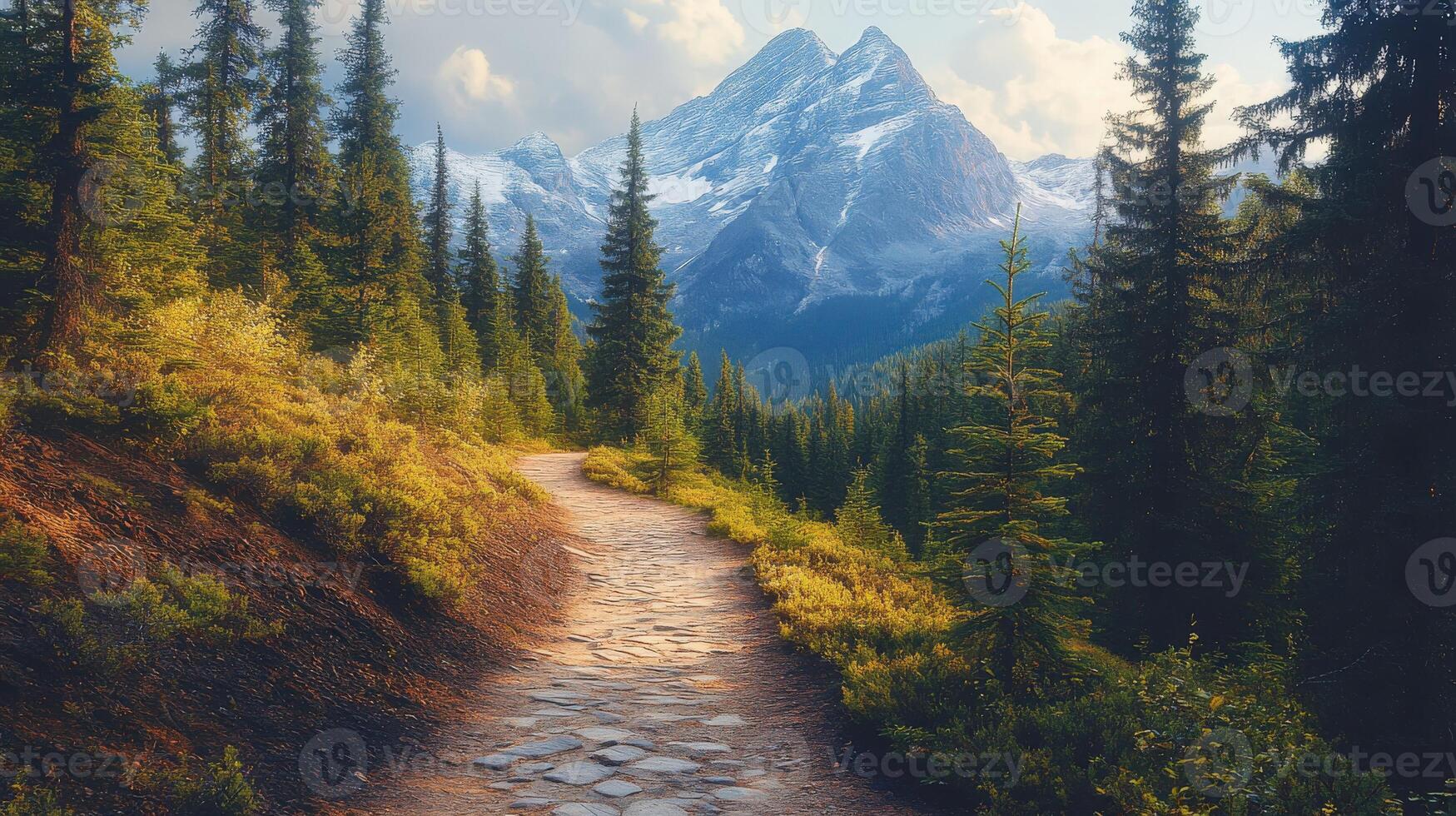 A path leads to a mountain range with trees and grass photo