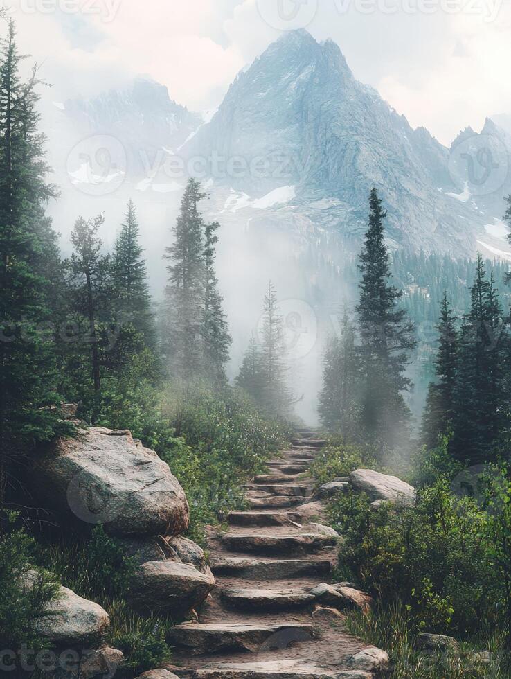 A path leads to a mountain with fog and trees photo