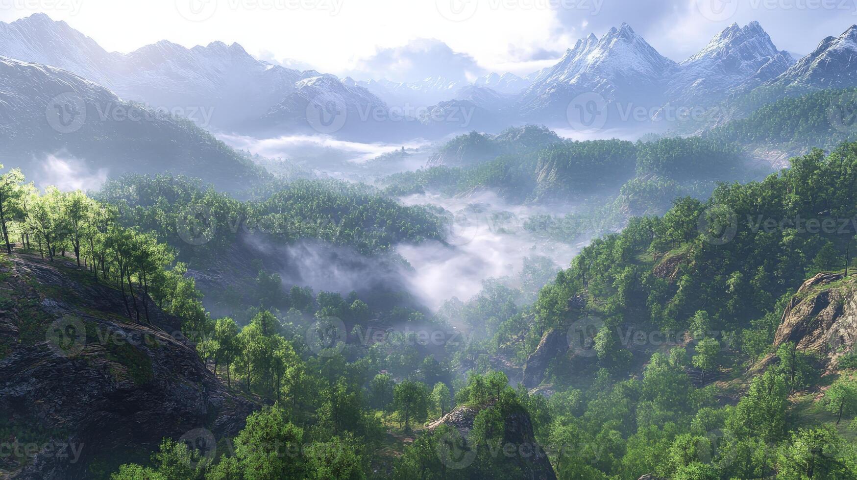 A beautiful mountain landscape with trees and fog photo