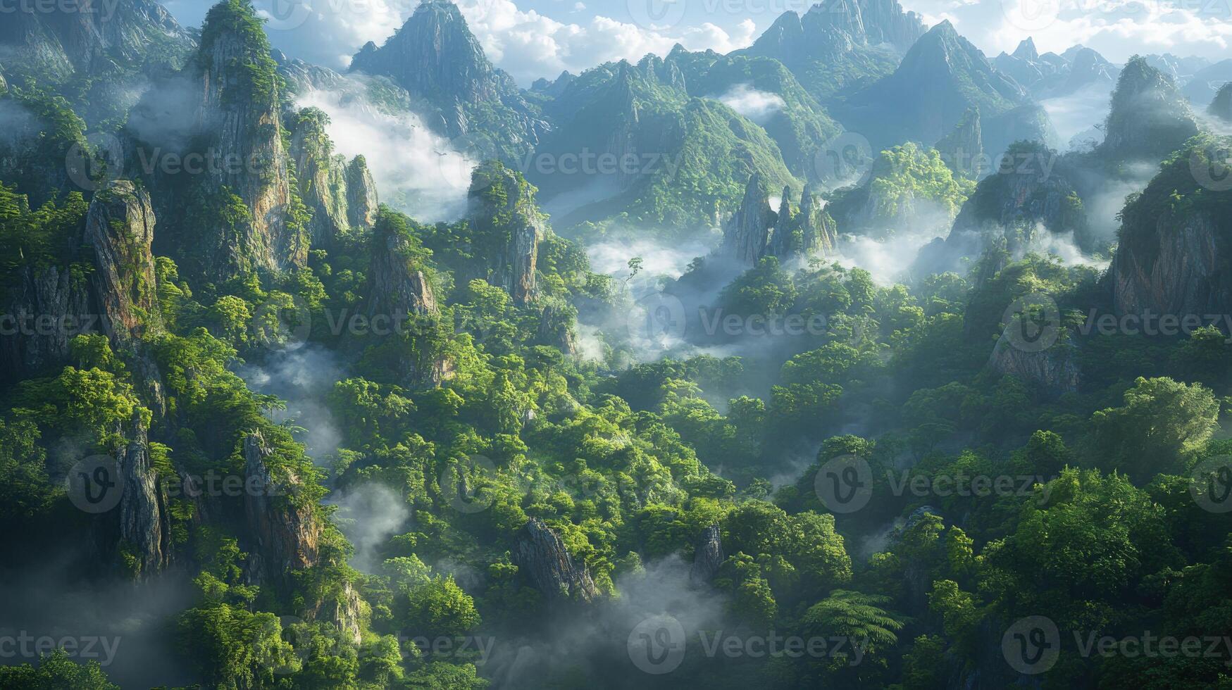 Lush green mountains emerge from the misty valley landscape photo