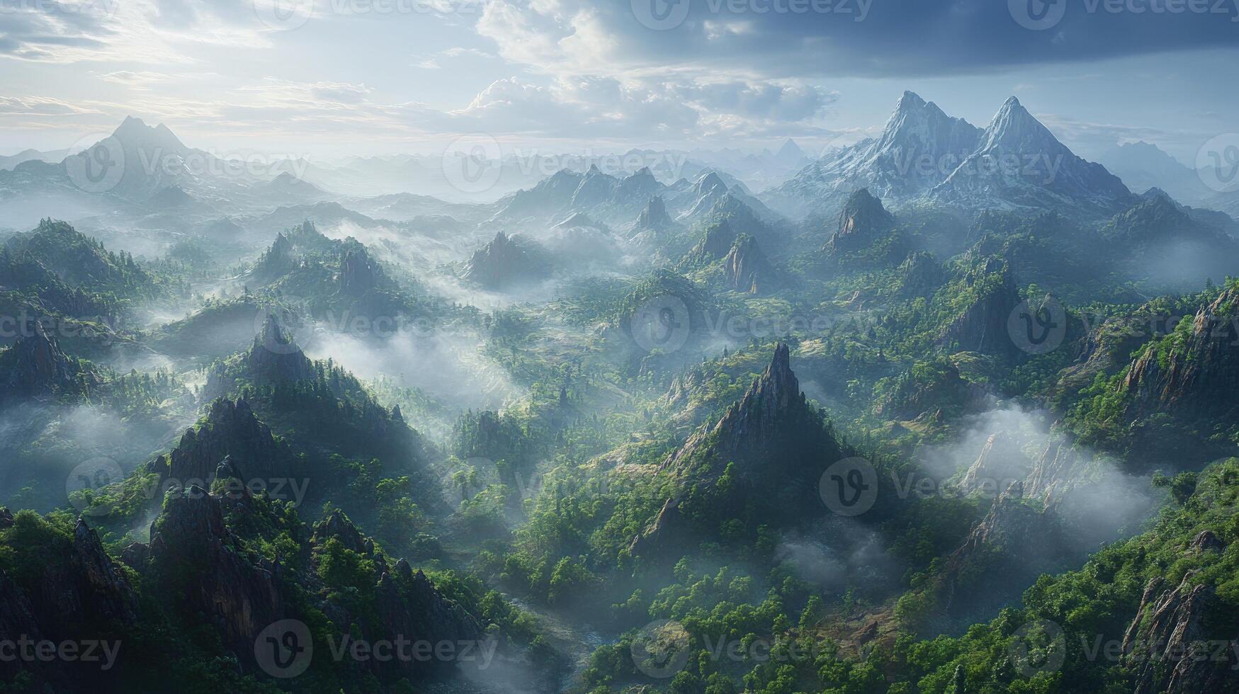 Breathtaking panoramic view of misty mountains at dawn photo