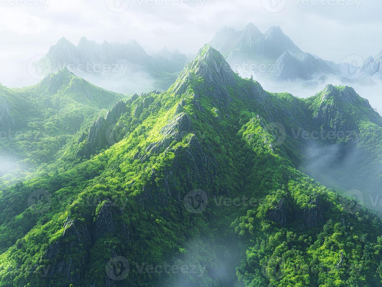 Stunning mountain landscape enveloped in misty green foliage photo