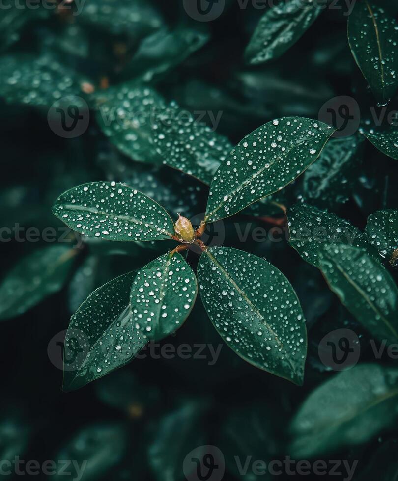 Lush green leaves with raindrops glistening in natural light photo