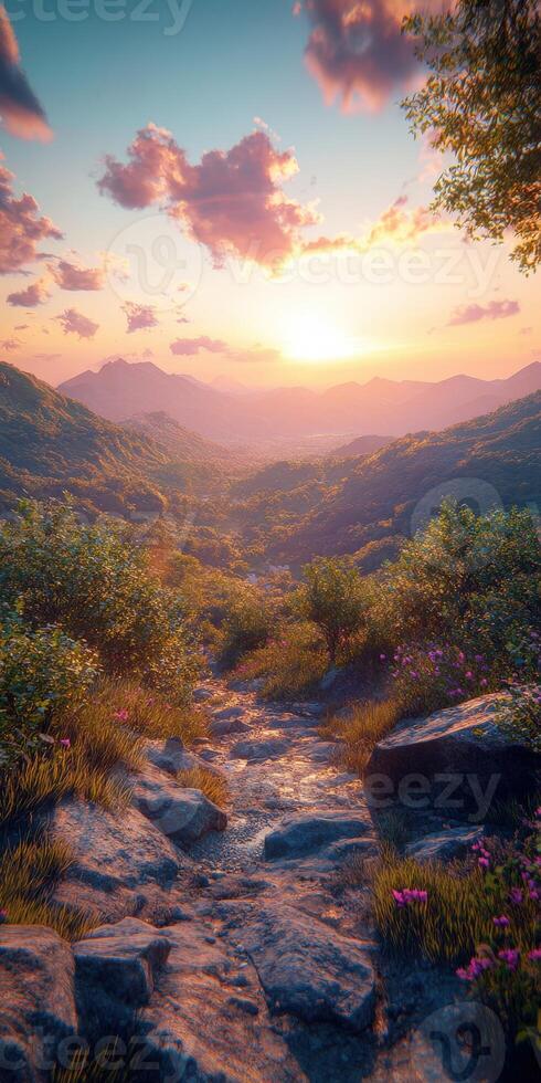 Mountain valley at sunset with colorful clouds and greenery photo