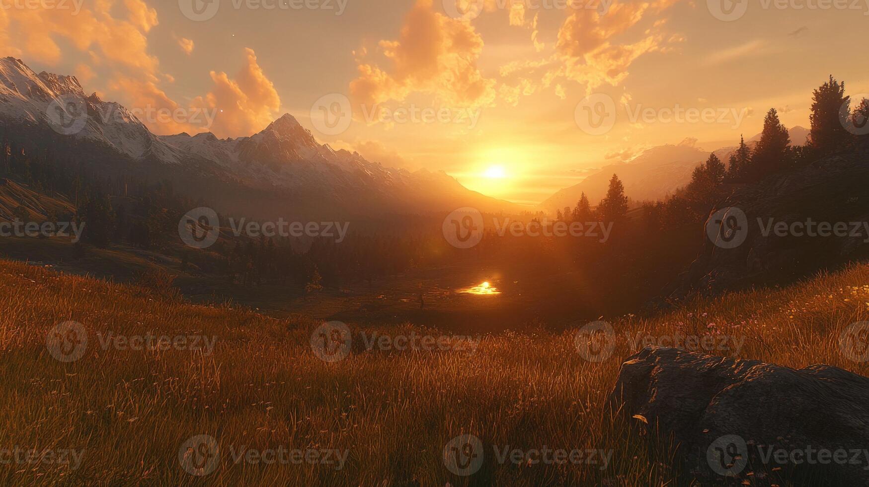 Breathtaking sunset over mountains and a tranquil lake photo
