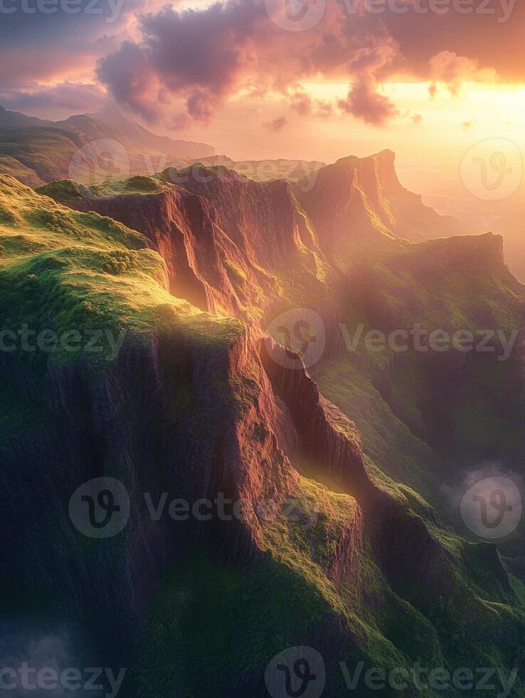 Misty mountain landscape illuminated by sunset glow photo