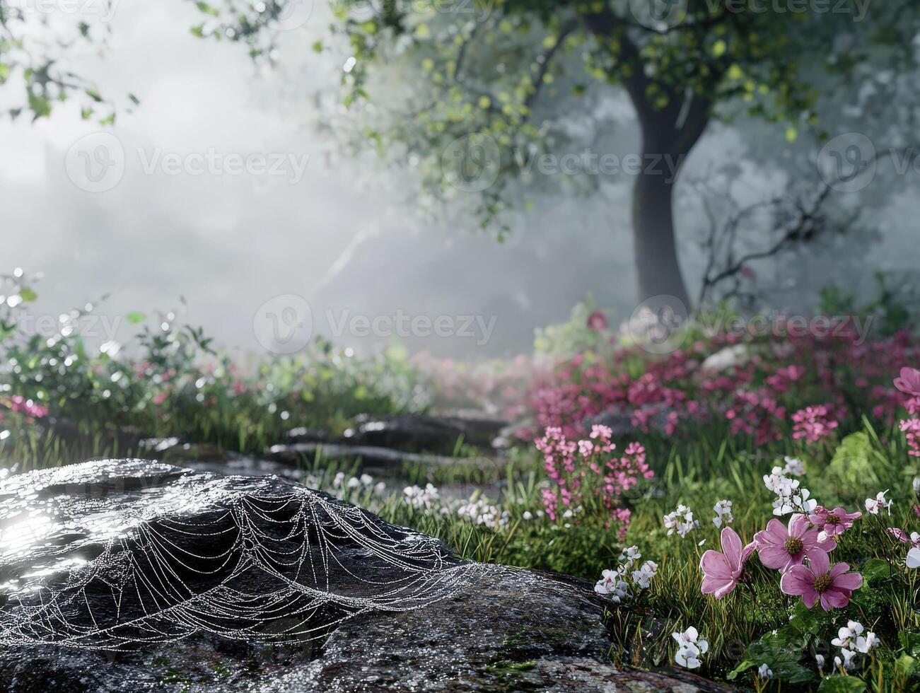 Misty forest path adorned with blooming flowers and dew photo