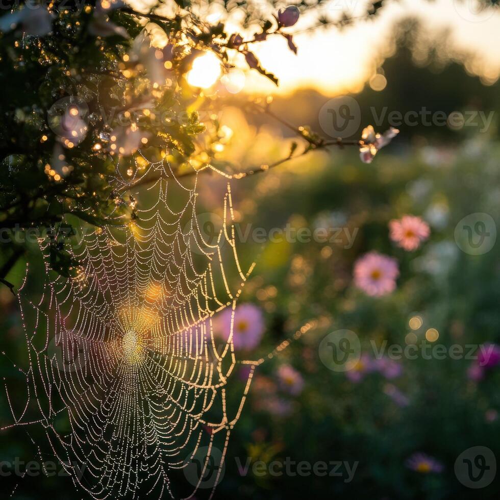 Morning dew glistens on a spider web in a flower garden photo