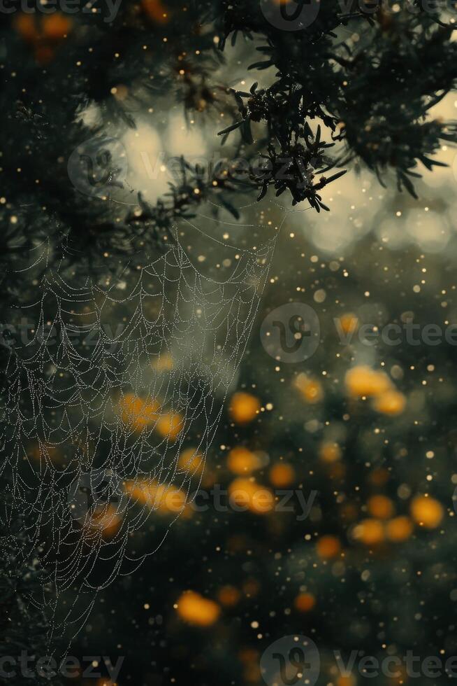 Spider web glistening with dew in a tranquil forest setting photo