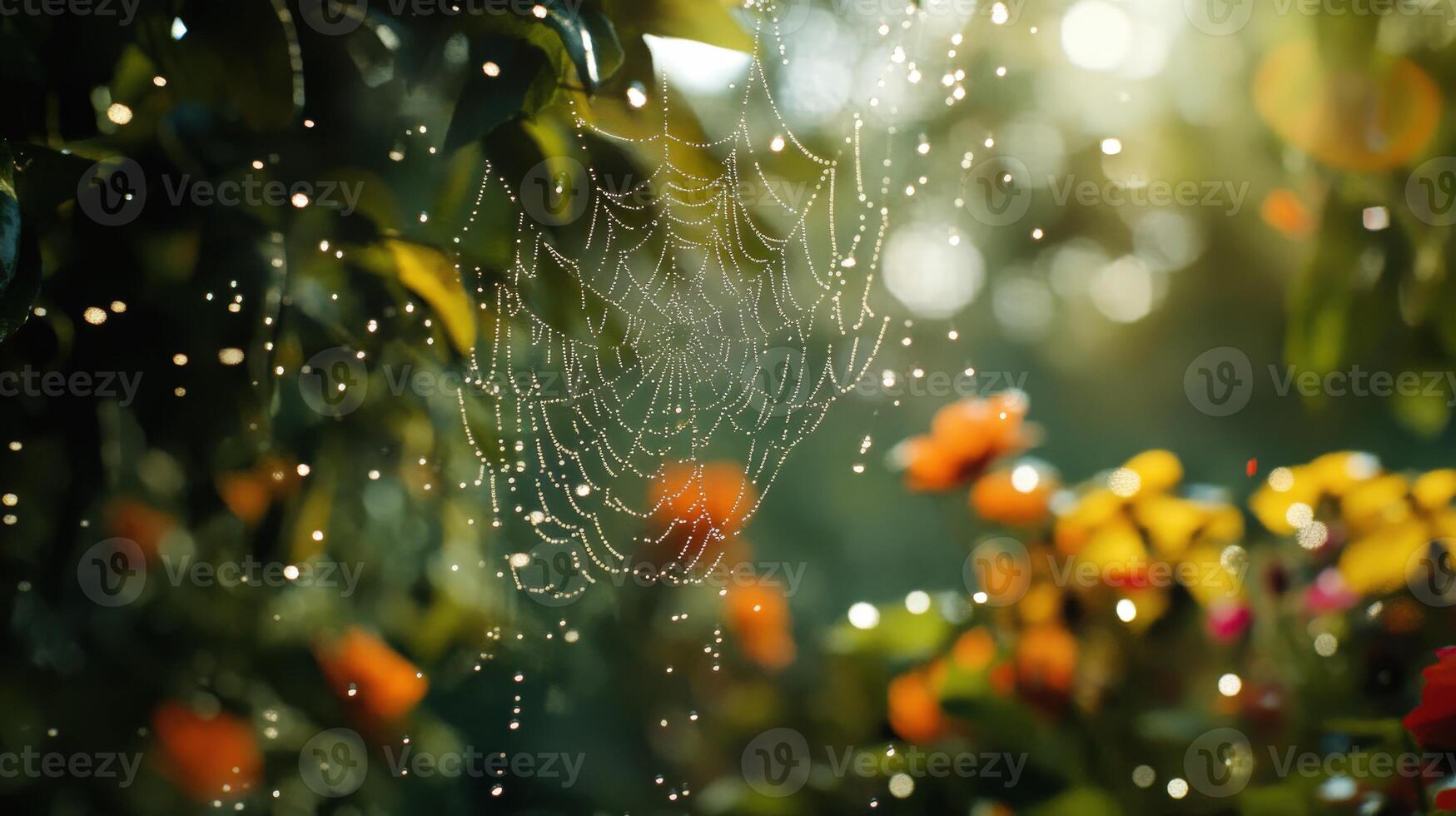 Morning dew on a spider web among colorful flowers photo