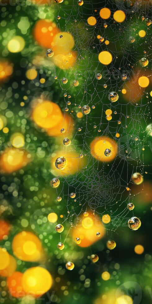 Dew drops catch light on a spider web in a green garden photo
