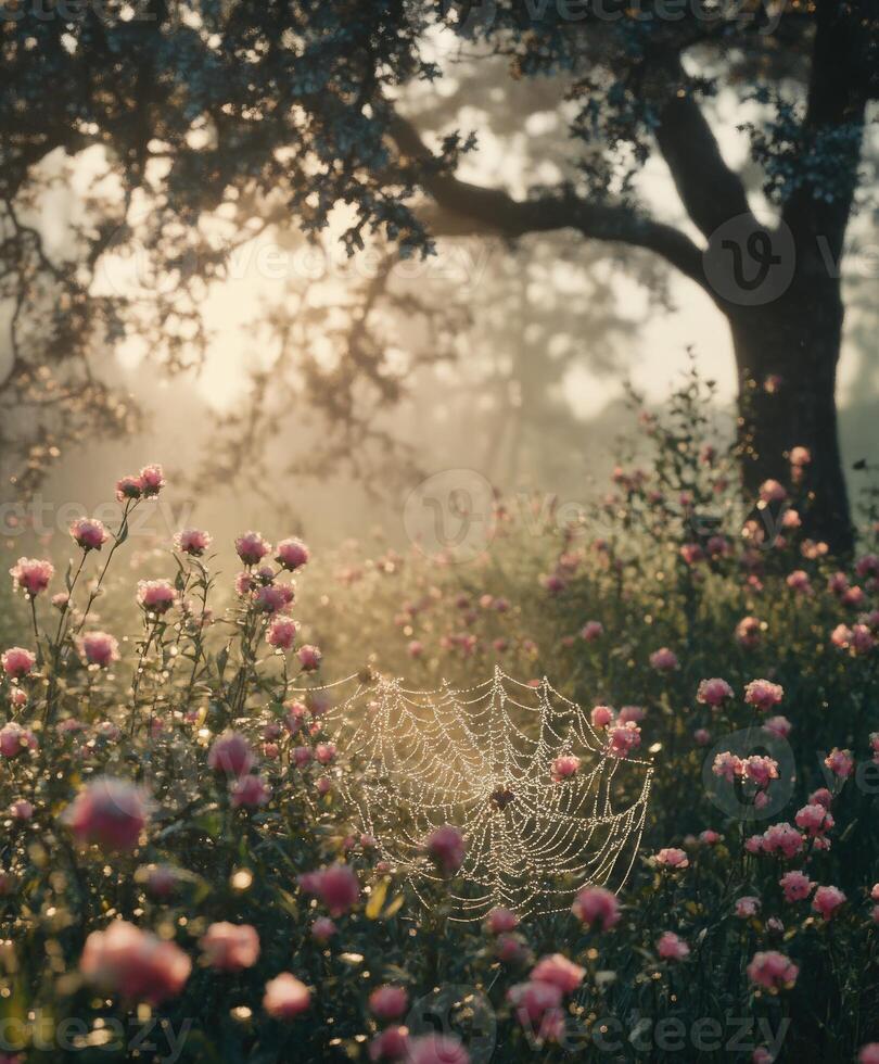 Morning dew glistens on flowers and spider web in garden photo