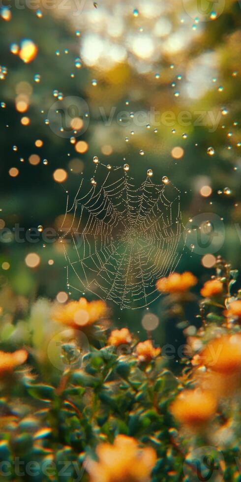 Delicate spider web adorned with dew in a blooming garden photo