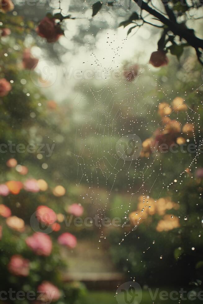 Morning dew glistens on spider web in vibrant garden photo