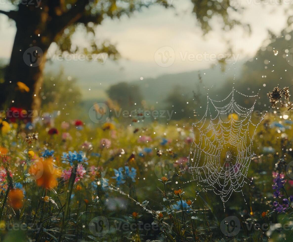 Morning dew glistens on a spider web in a meadow photo