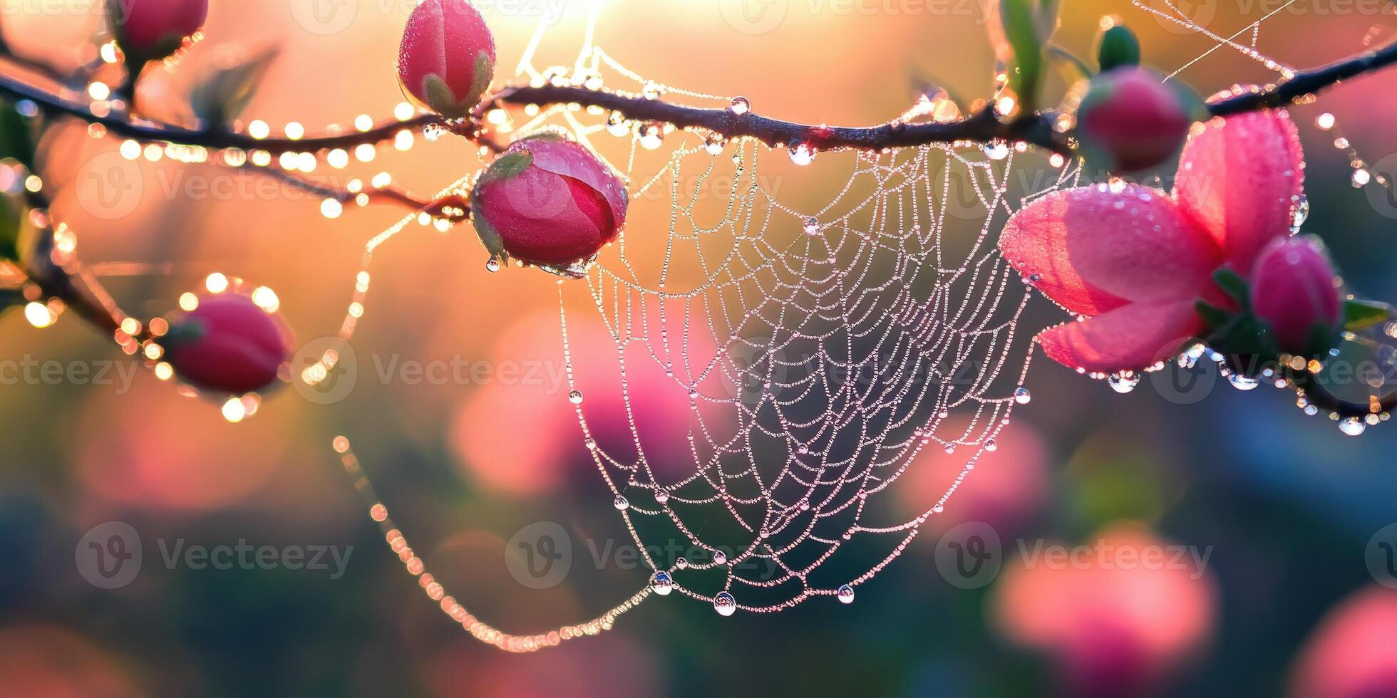 Dew-covered spider web on blooming branches at dawn photo