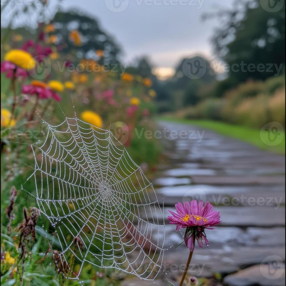 Dew-covered spider web glistens next to blooming flowers photo