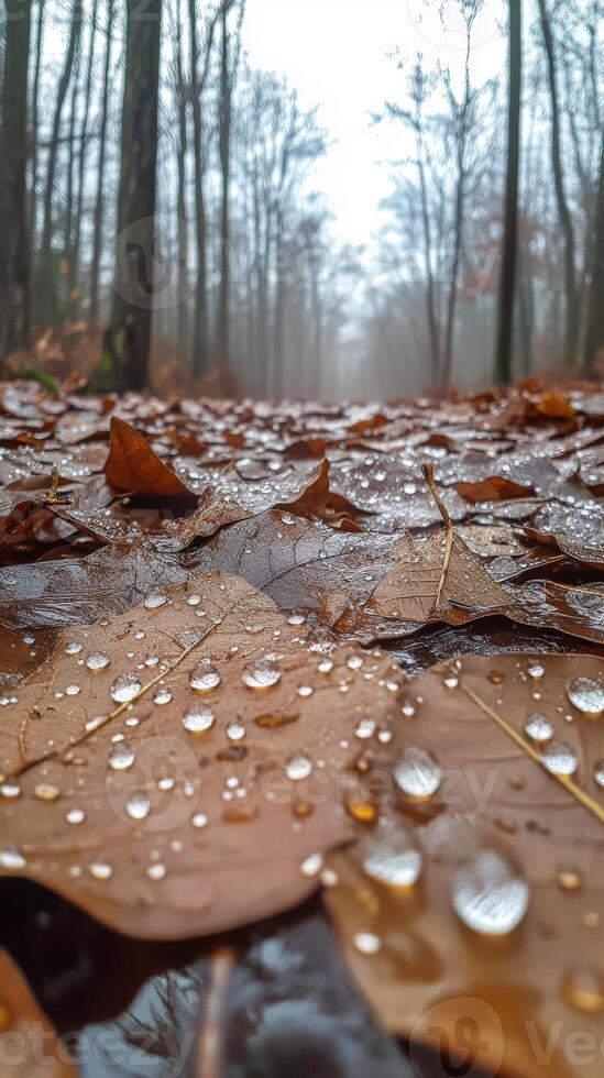 Rain-soaked leaves create a serene autumn pathway for walking photo