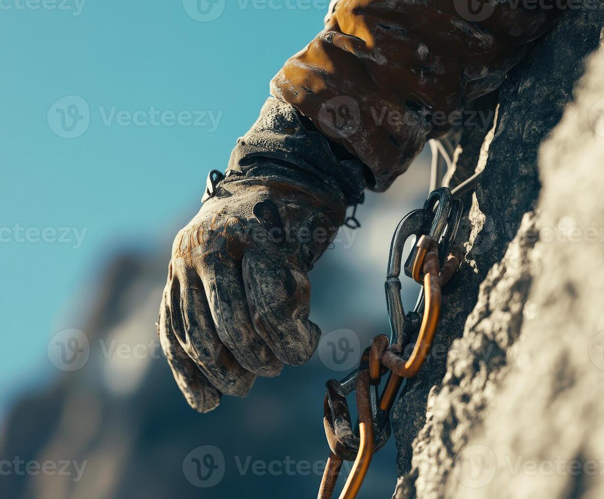 A person's hand holding onto a chain on a rock photo