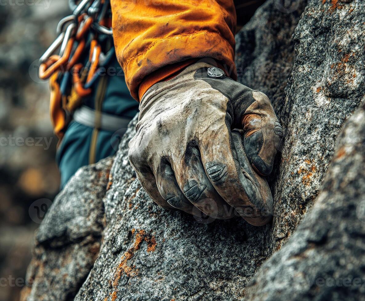 A person wearing gloves on a rock wall photo