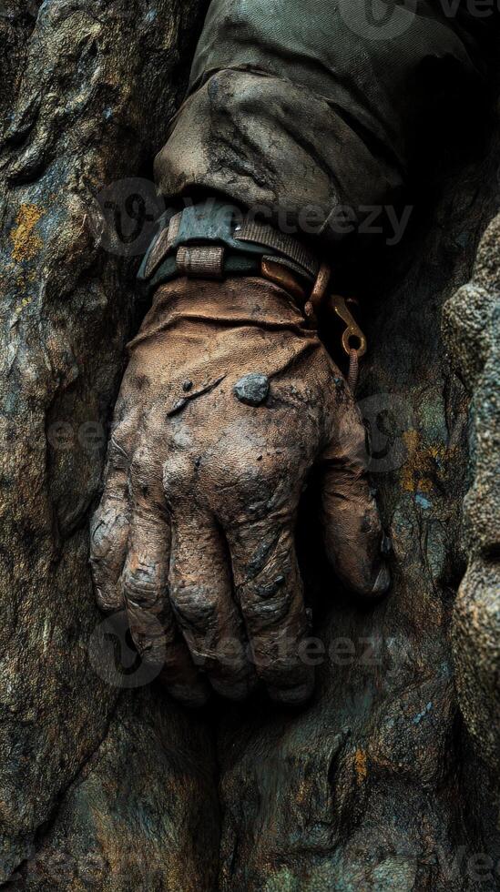 A man's hand is covered in dirt and mud photo