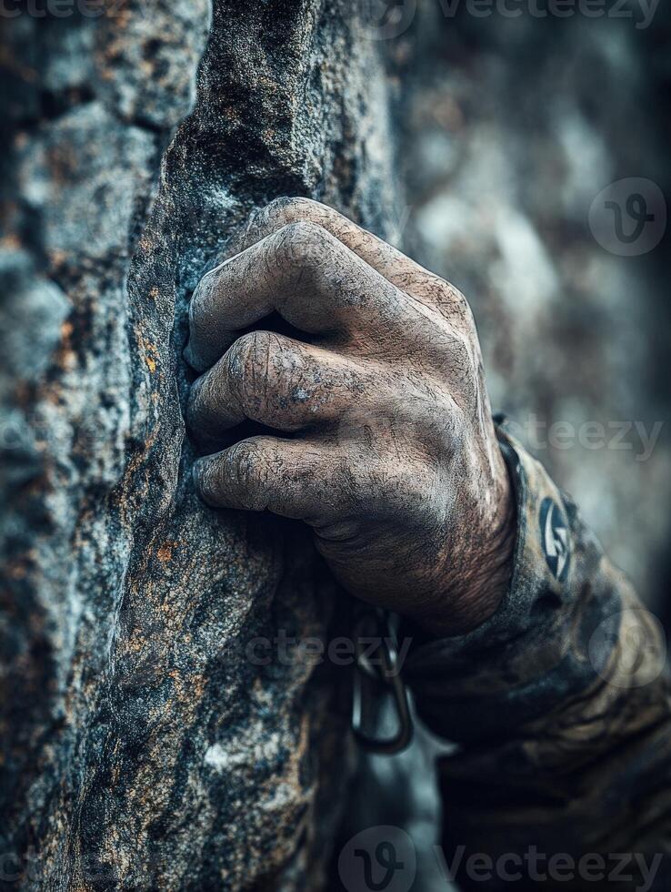 A man's hand is holding onto a rock photo