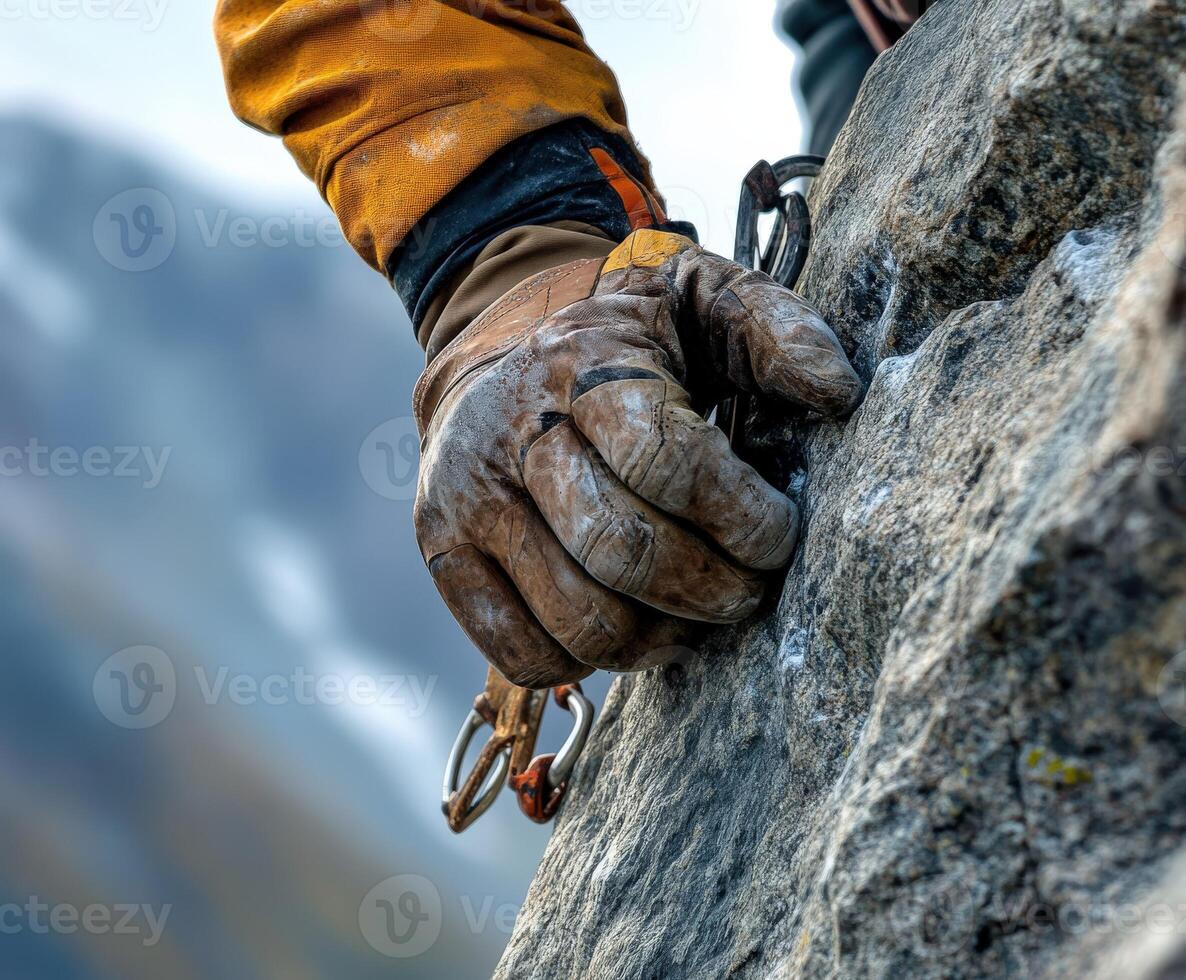 A person wearing gloves is climbing a rock photo
