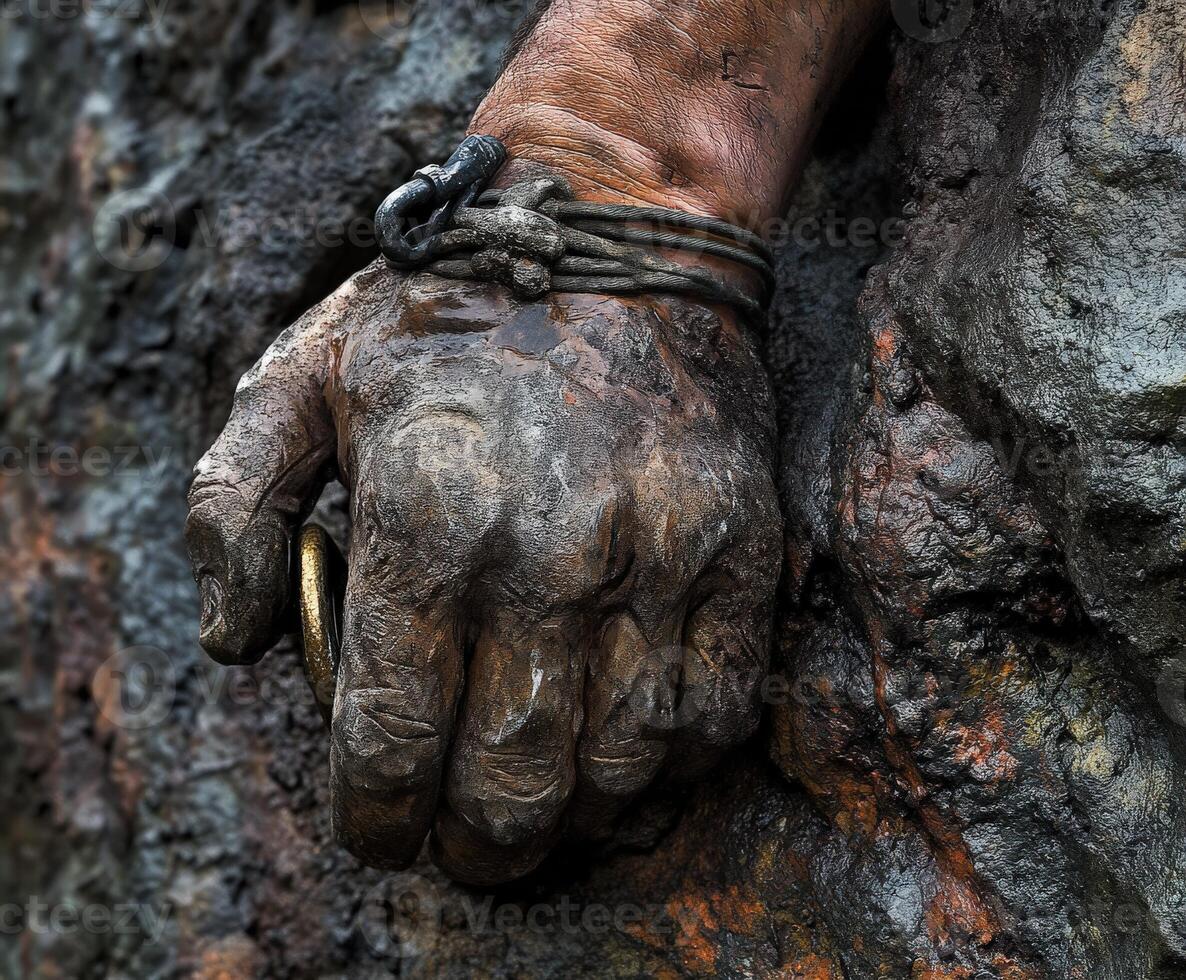 Climber gripping a rock surface with determination and strength photo