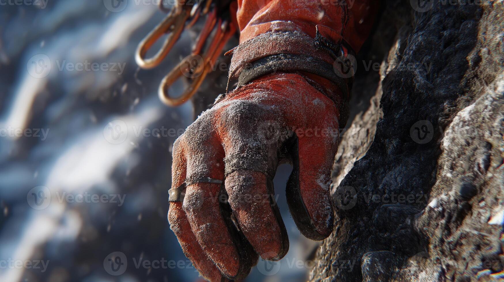 Climber grips rocky surface in cold mountain environment photo