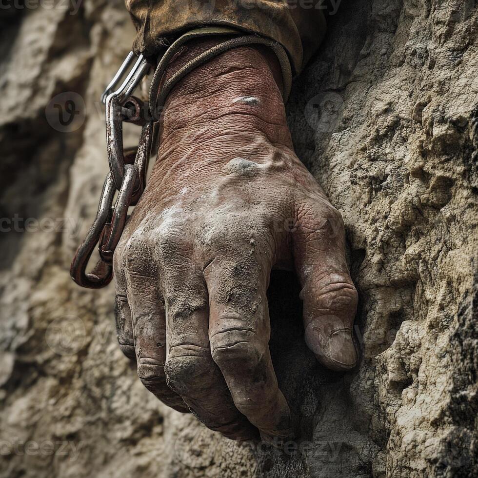 A close up of a man's hand holding onto a rock photo