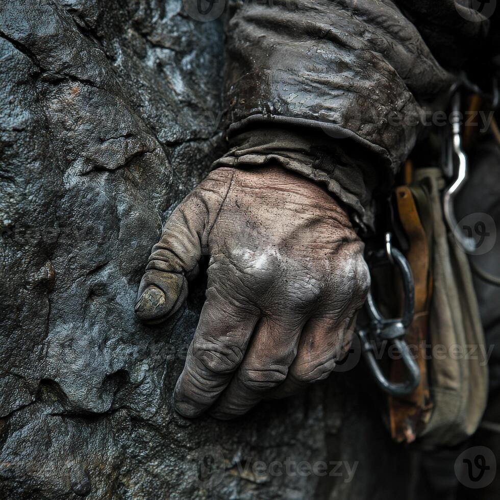Climber gripping rocky surface during a challenging ascent photo