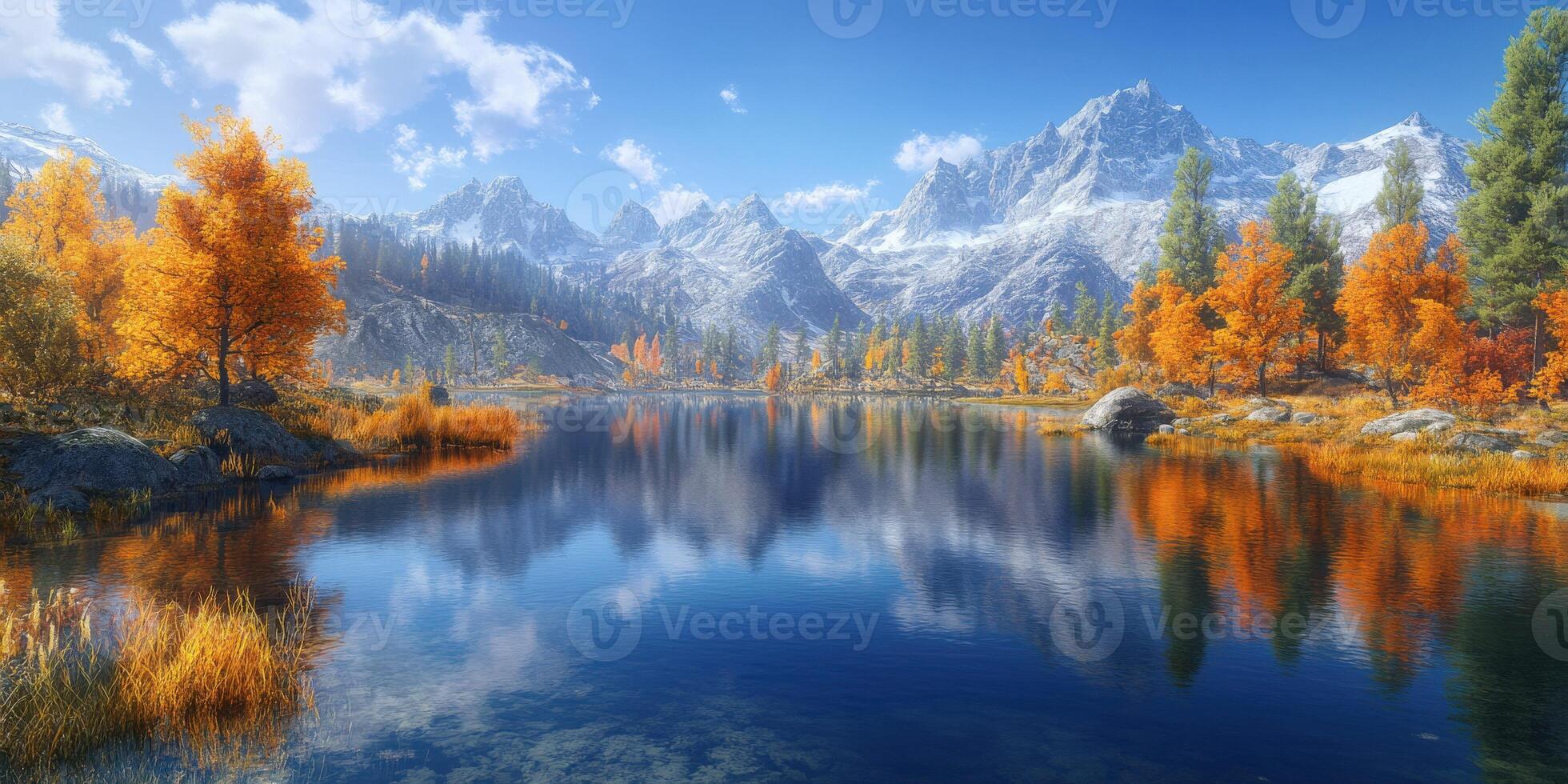 Autumn landscape reflecting mountains and trees at lake photo