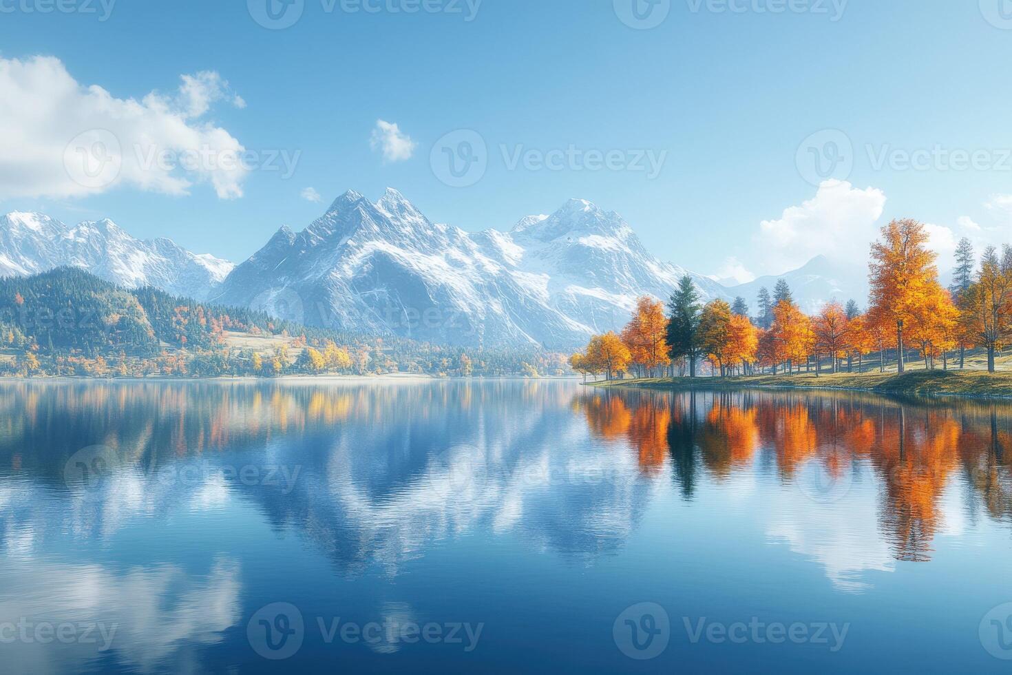 Serene autumn lake reflecting mountains and colorful trees photo