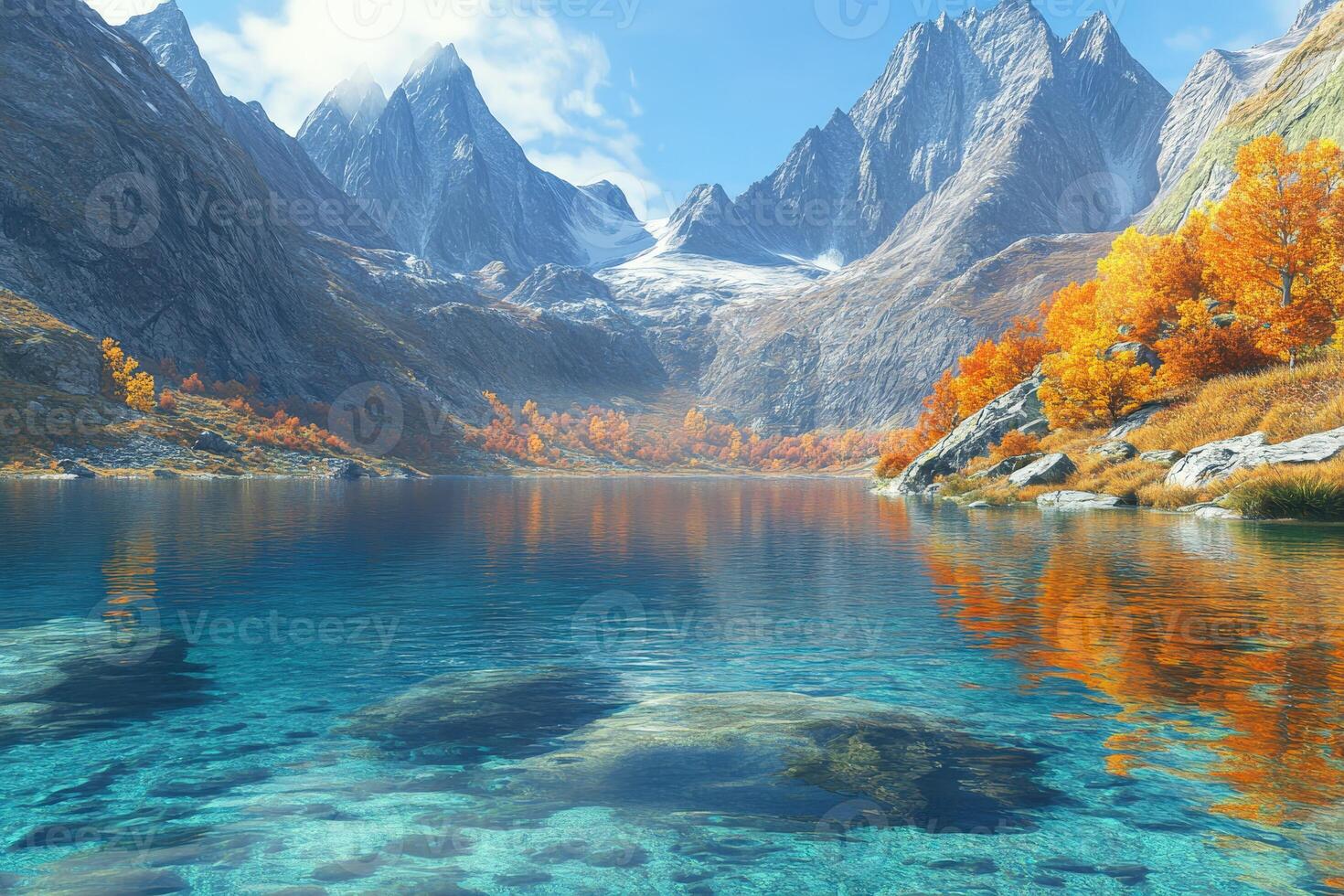 A beautiful lake surrounded by mountains and trees photo