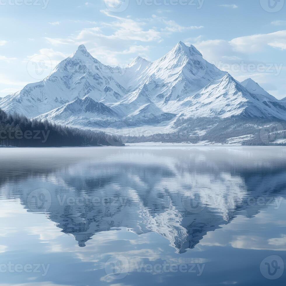 Majestic mountains reflect in a tranquil lake at dawn photo