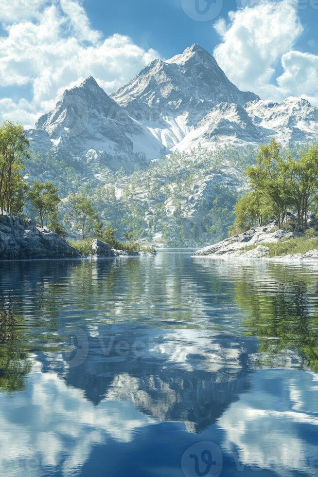 Majestic mountain reflected in serene lake under blue sky photo