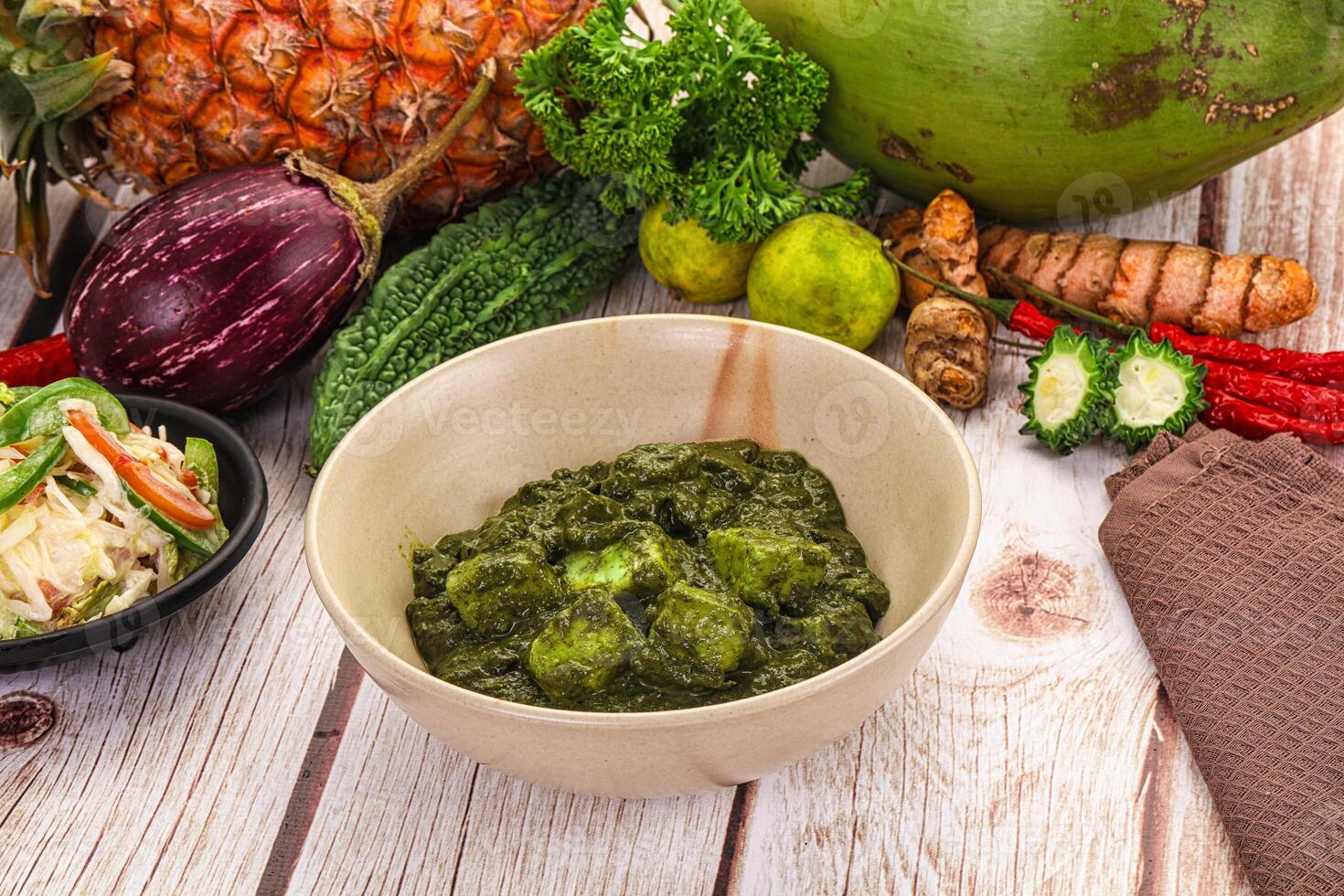 A bowl of food on a table with other food photo