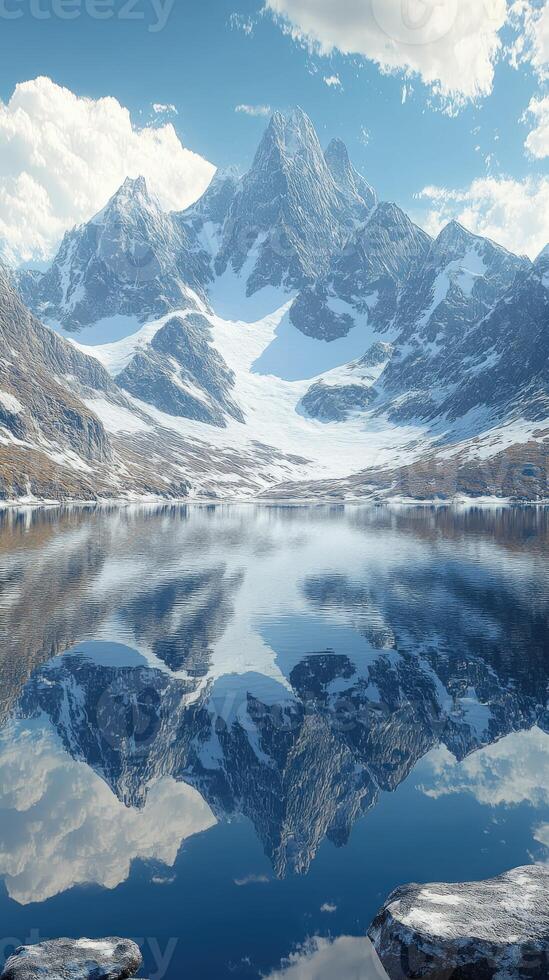 Majestic mountain landscape reflecting in calm lake waters photo