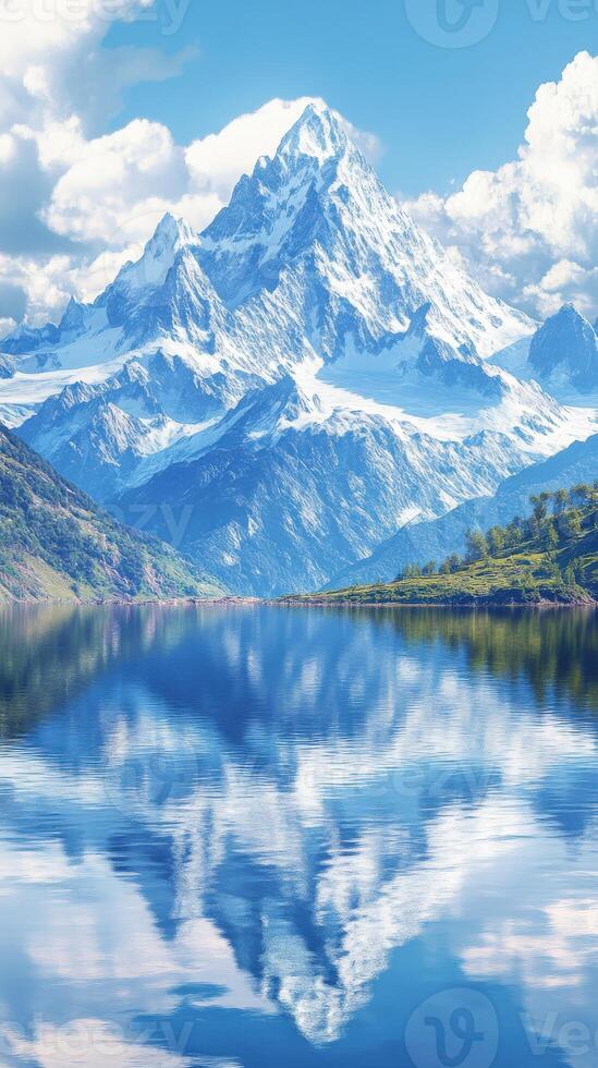 Majestic mountain reflected in tranquil lake under blue sky photo