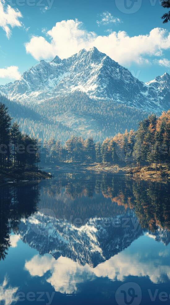 Scenic mountain landscape reflecting in calm lake water photo