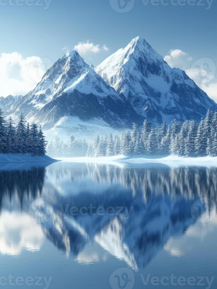 Snowy mountain reflection over tranquil lake in winter photo
