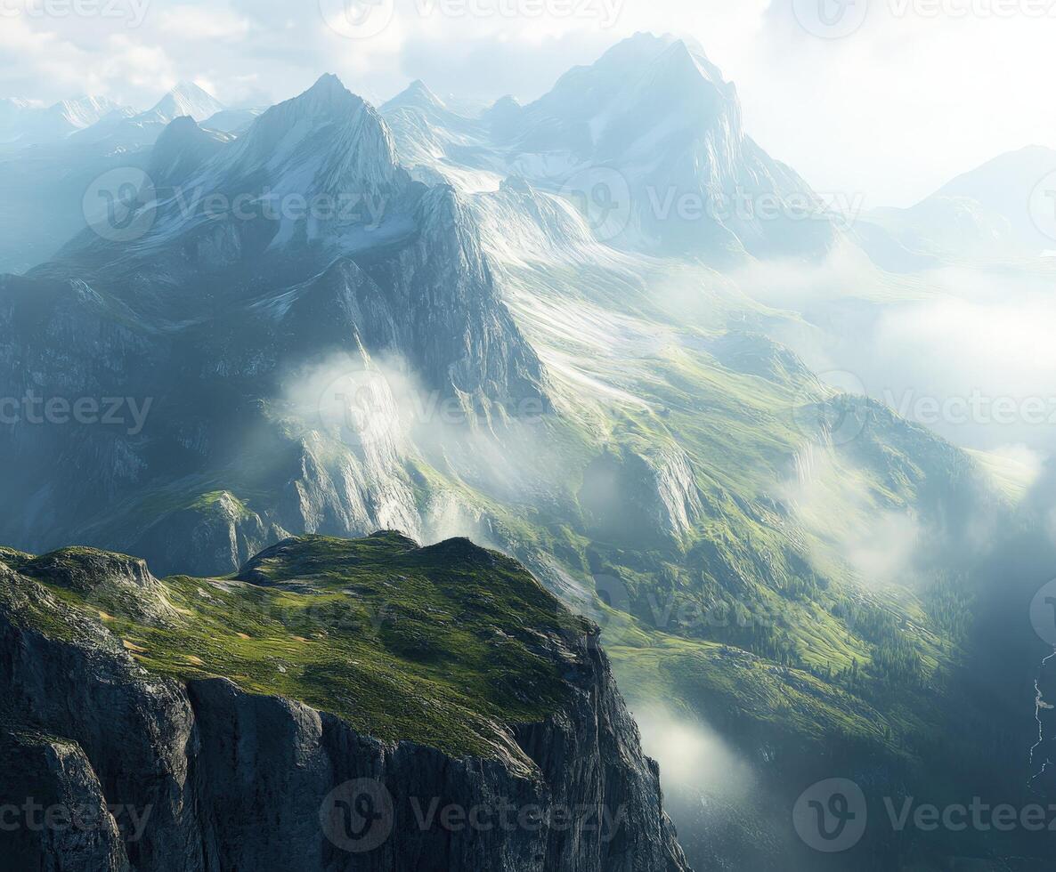 Mountains shrouded in mist during early morning light photo