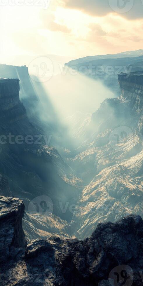 Majestic canyon landscape with mist and sunlight beams photo