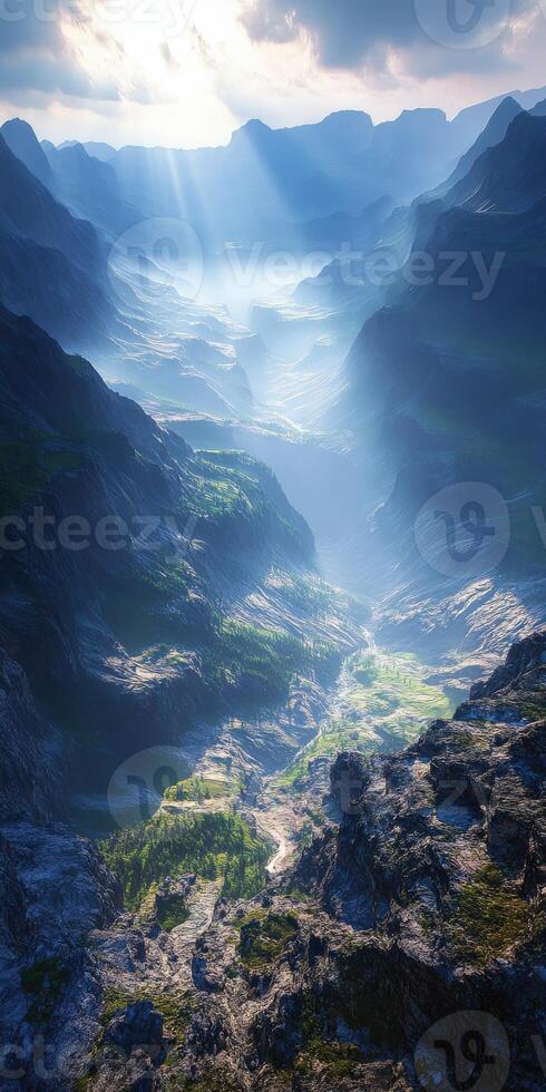 Majestic valley illuminated by sunlight in mountainous region photo