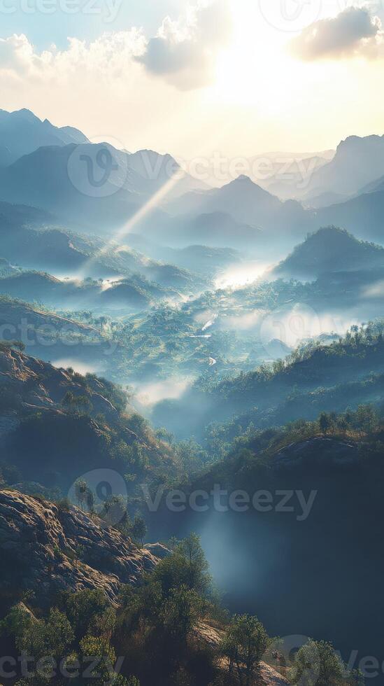 Stunning view of misty mountains at dawn in a valley photo