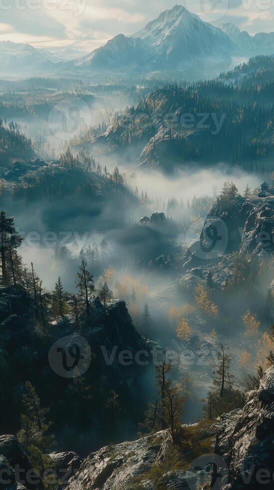 Majestic mountain landscape shrouded in mist at dawn photo