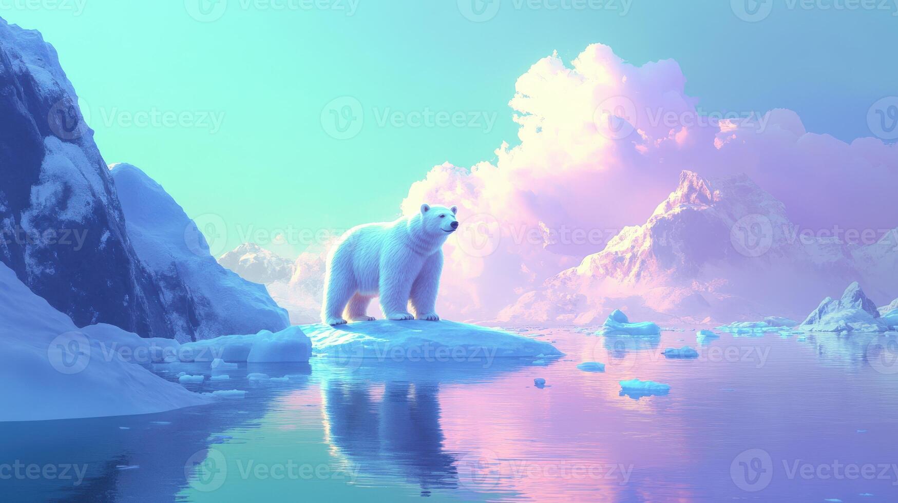 A polar bear standing on an iceberg in the middle of a lake photo